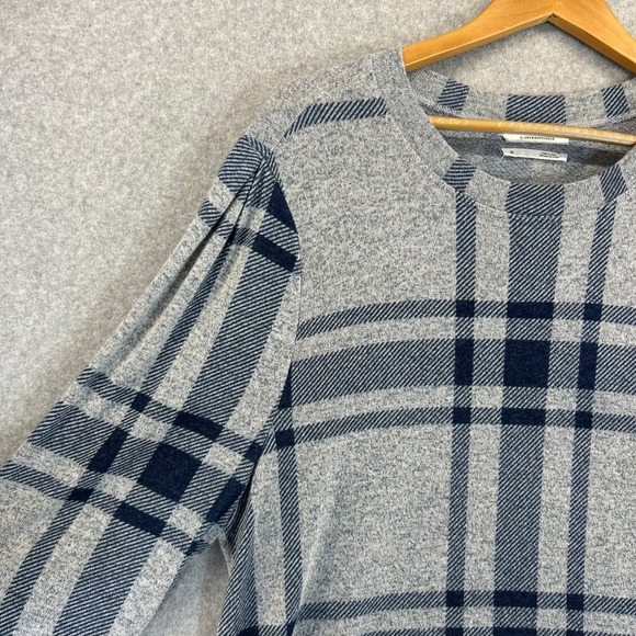 Anthropologie Gray Navy Blue Plaid Sweater Preppy Casual Crew Neck‎ Womens XL - Picture 6 of 13